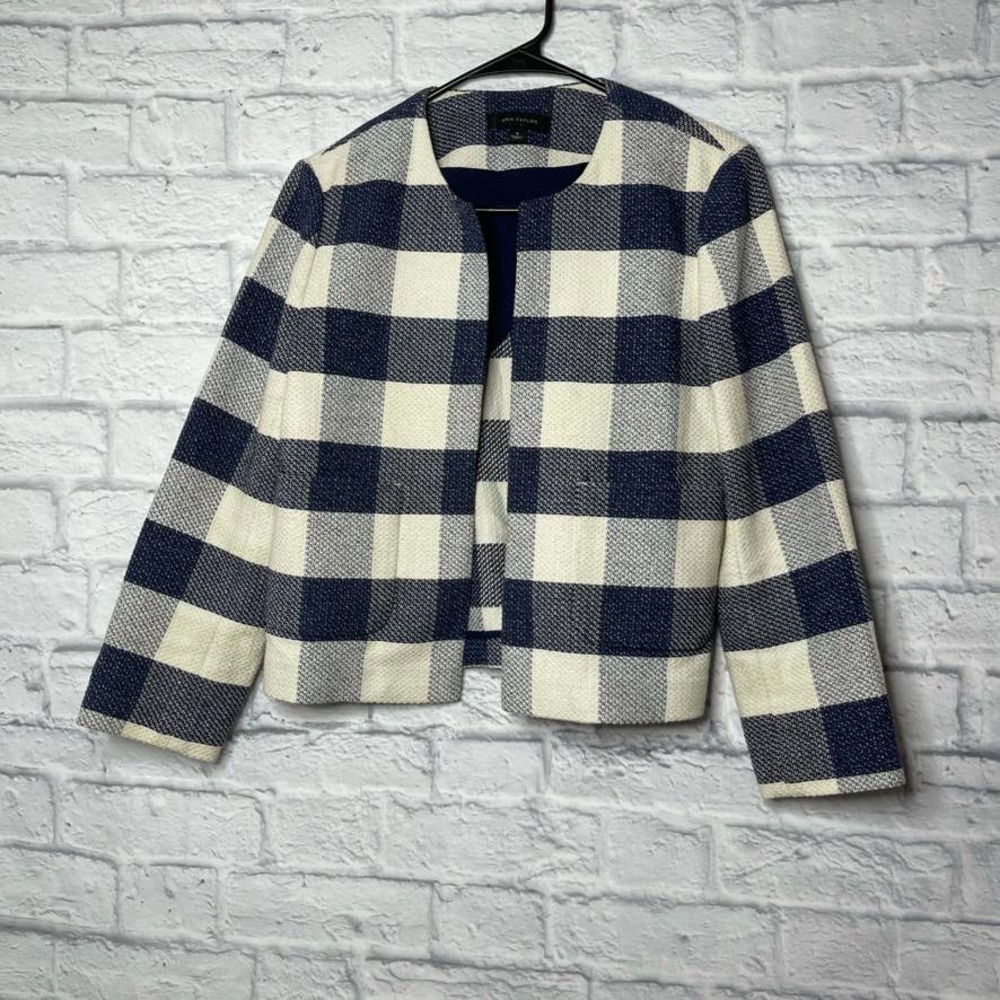 Ann Taylor Navy Buffalo Cream Check Cotton Open Front Blazer 4